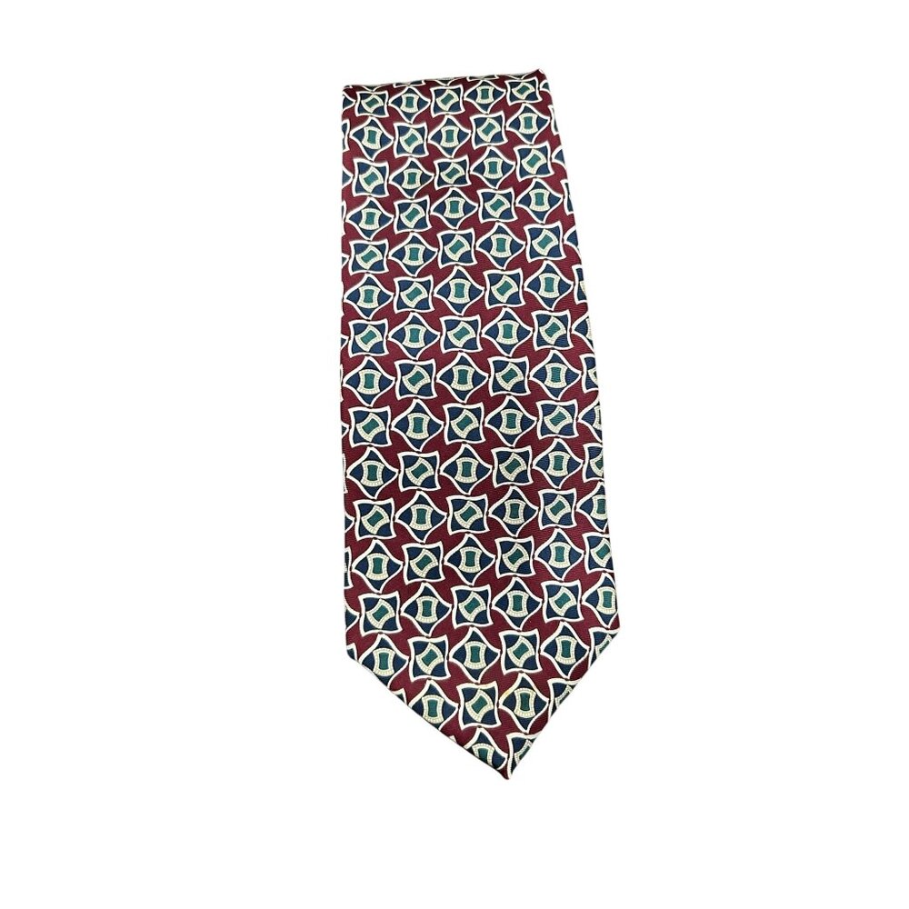 Brooks Brothers Mens Silk Tie With Geometric Pattern Red Blue Design Made In USA